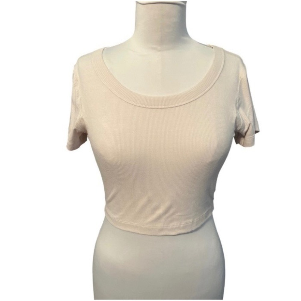 Zenana‎ Womens Ribbed Scoop Neck Crop Top Cream Short Sleeve RRT-8492A5 Size S